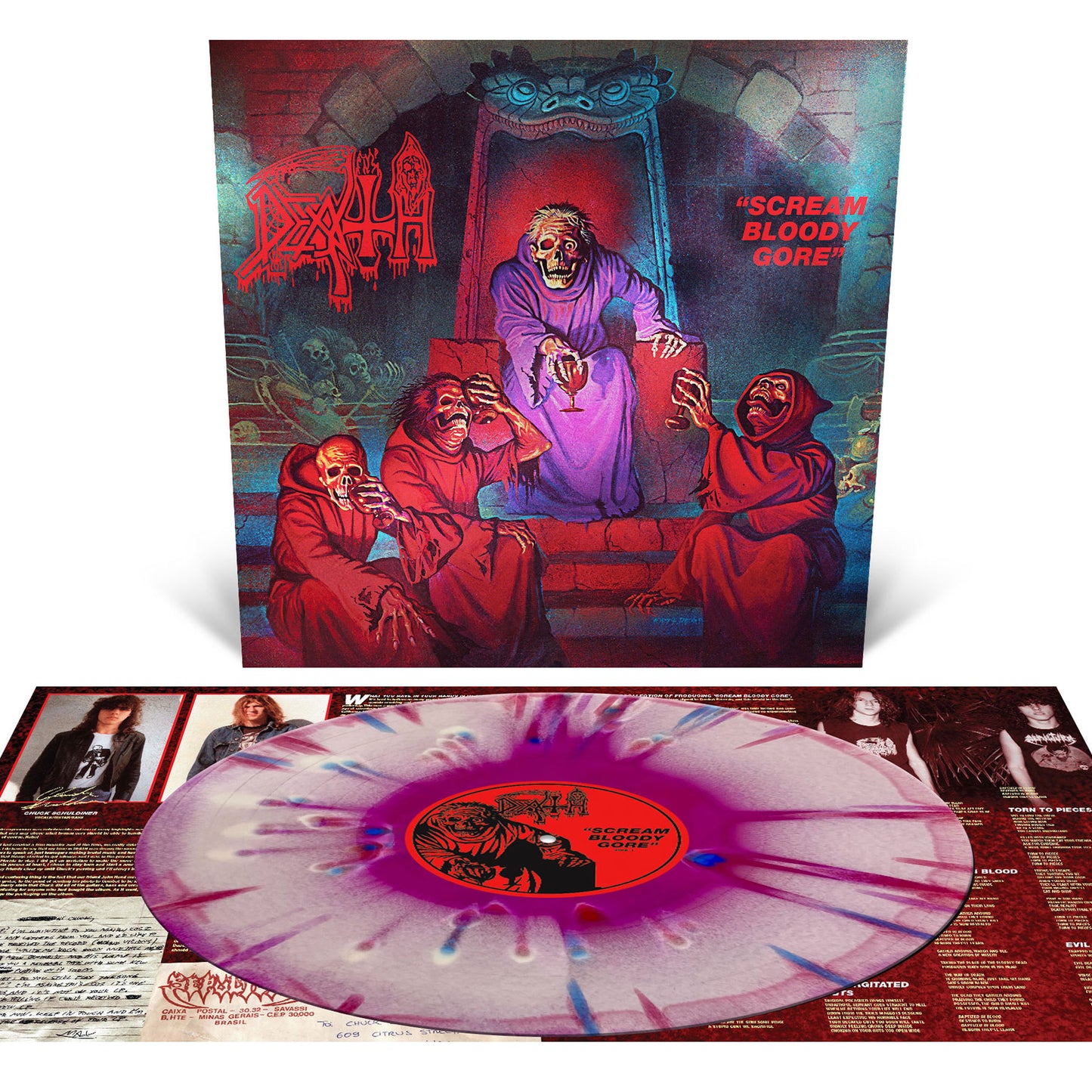 Death - Scream Bloody Gore (Neon Violet, Bone White and Red Tri Color Merge with Splatter LP Vinyl) UPC: 781676519910