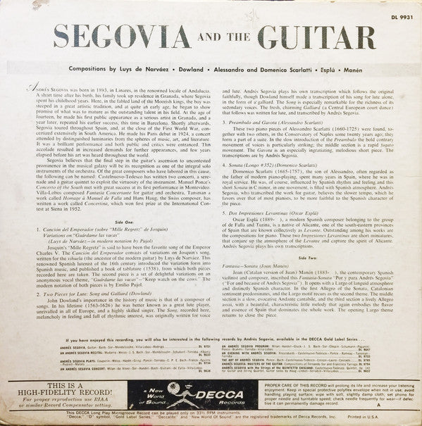 Andrés Segovia : Segovia And The Guitar (LP,Album,Repress,Mono)