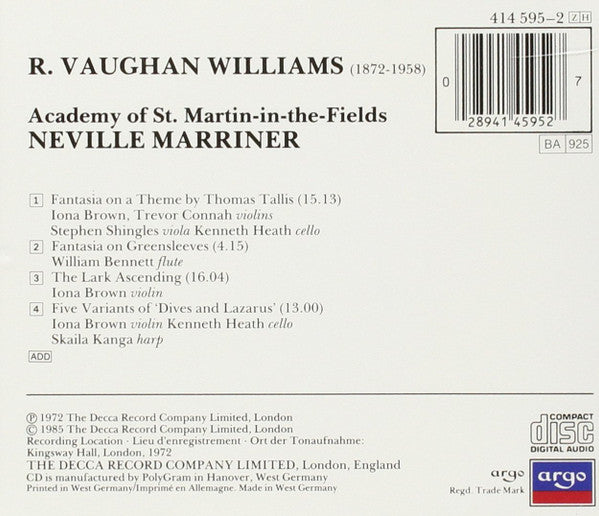 Ralph Vaughan Williams, Academy Of St. Martin-in-the-Fields, The, Sir Neville Marriner : Fantasia On A Theme By Thomas Tallis / Fantasia On Greensleeves / The Lark Ascending / Five Variants Of 'Dives And Lazarus' (Album,Reissue)