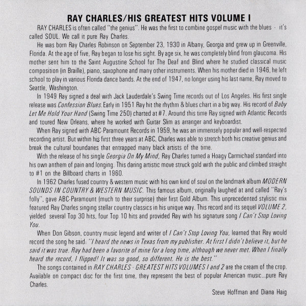 Ray Charles : His Greatest Hits Vol. 1 (Compilation,Remastered)