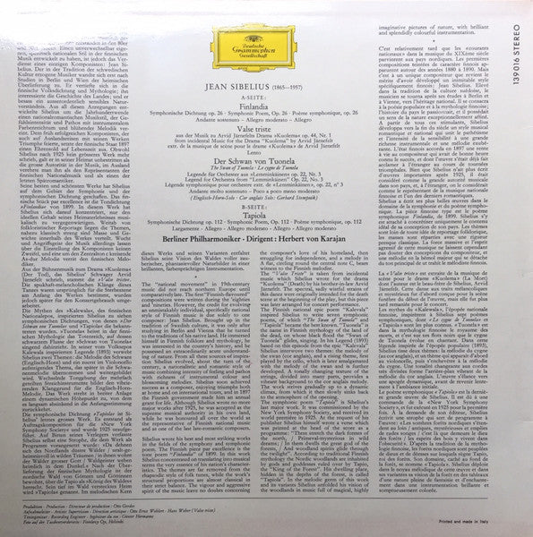 Jean Sibelius – Berliner Philharmoniker · Herbert von Karajan : Finlandia / Valse Triste / Der Schwan Von Tuonela / Tapiola (LP,Repress,Stereo)