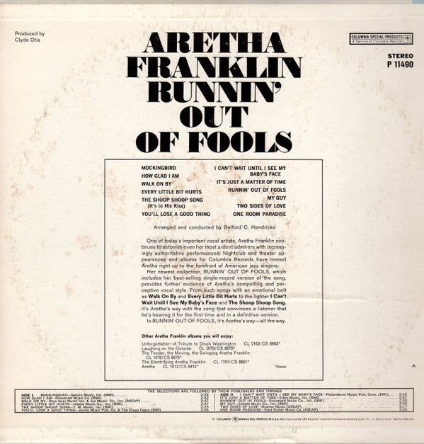Aretha Franklin : Runnin' Out Of Fools (LP,Album,Reissue)