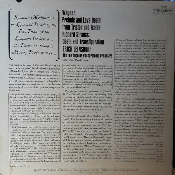 Richard Wagner / Richard Strauss - Erich Leinsdorf, Los Angeles Philharmonic Orchestra : Prelude And Love Death / Death And Transfiguration (LP,Album,Mono)