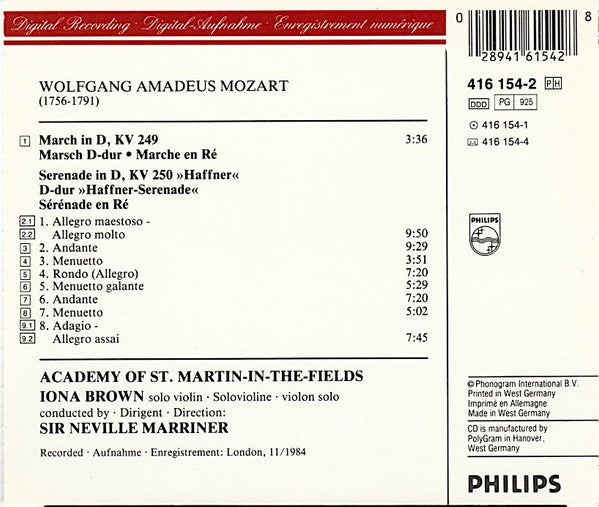 Wolfgang Amadeus Mozart, Iona Brown, Academy Of St. Martin-in-the-Fields, The, Sir Neville Marriner : Serenade KV250 Haffner (Album)