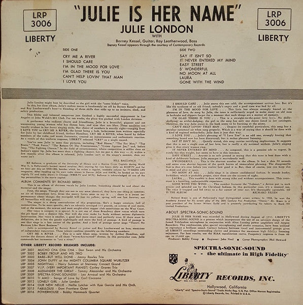 Julie London : Julie Is Her Name (LP,Album,Misprint,Repress,Mono)