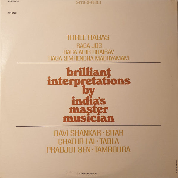 Ravi Shankar : Three Ragas (LP,Album,Reissue,Stereo)