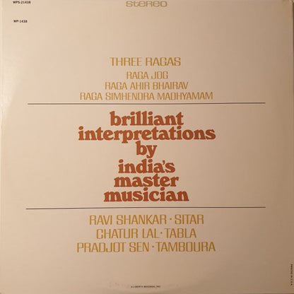 Ravi Shankar : Three Ragas (LP,Album,Reissue,Stereo)