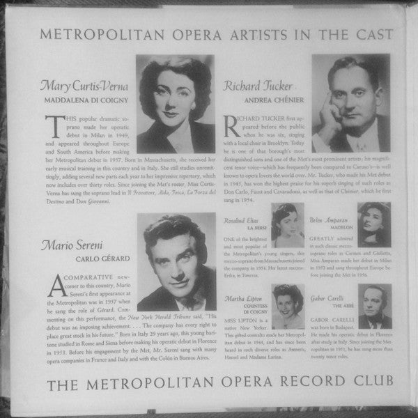 Umberto Giordano, Mary Curtis-Verna, Richard Tucker (2), Mario Sereni, Rosalind Elias, Fausto Cleva : Andrea Chénier (LP,Album)