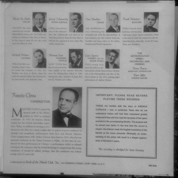 Umberto Giordano, Mary Curtis-Verna, Richard Tucker (2), Mario Sereni, Rosalind Elias, Fausto Cleva : Andrea Chénier (LP,Album)