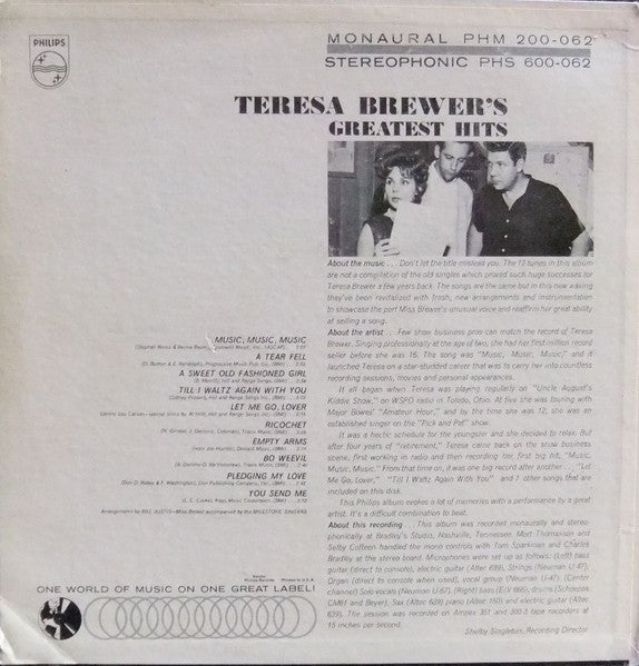 Teresa Brewer : Teresa Brewer's Greatest Hits (LP,Album,Stereo)