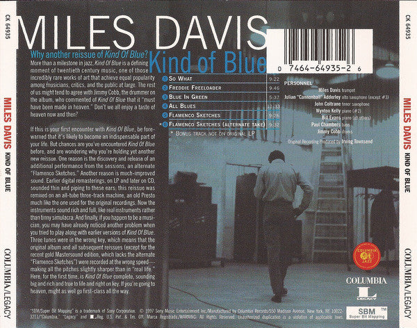 Miles Davis : Kind Of Blue (Album,Reissue,Remastered)