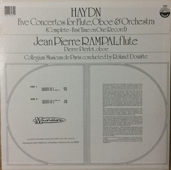Joseph Haydn, Jean-Pierre Rampal, Pierre Pierlot, Collegium Musicum De Paris, Roland Douatte : Five Concertos For Flute, Oboe & Orchestra (Complete-First Time On One Record) (LP,Album)