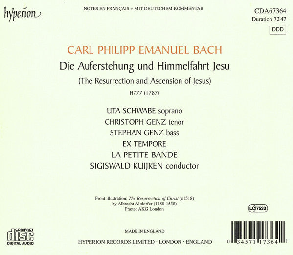 Carl Philipp Emanuel Bach – Uta Schwabe, Christoph Genz, Stephan Genz, Ex Tempore, La Petite Bande, Sigiswald Kuijken : Die Auferstehung Und Himmelfahrt Jesu (Album)