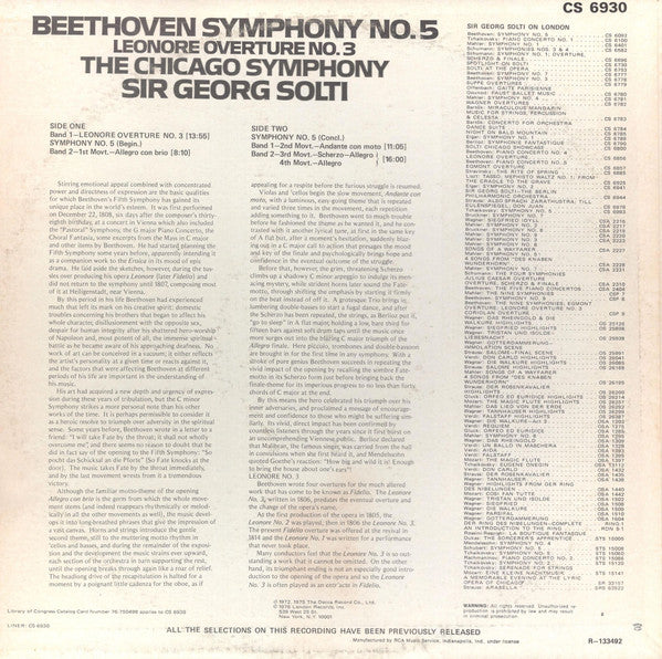 Ludwig van Beethoven, Chicago Symphony Orchestra, The, Georg Solti : Symphony No. 5 / Leonore Overture No. 3 (LP,Club Edition,Reissue,Stereo)