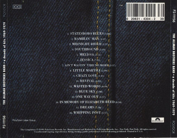 Allman Brothers Band, The : A Decade Of Hits 1969 - 1979 (Compilation,Club Edition)