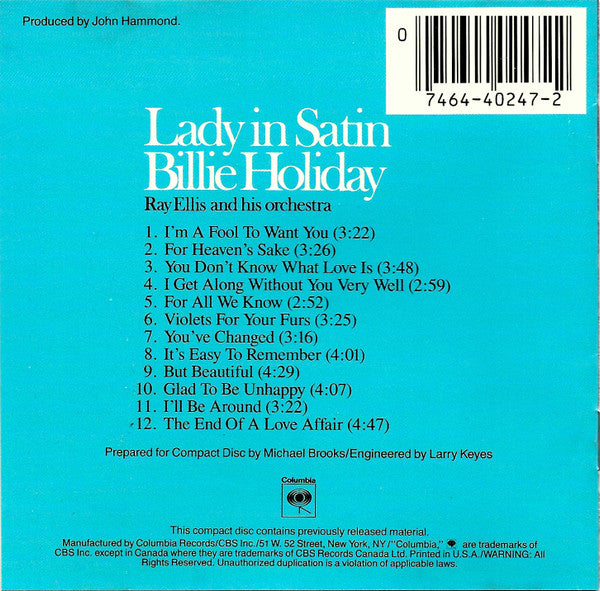 Billie Holiday, Ray Ellis And His Orchestra : Lady In Satin (Album,Reissue,Remastered)