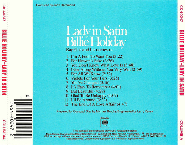 Billie Holiday, Ray Ellis And His Orchestra : Lady In Satin (Album,Reissue,Remastered)