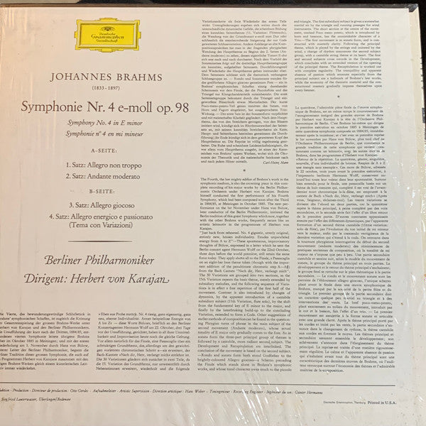 Johannes Brahms - Herbert von Karajan, Berliner Philharmoniker : Symphony No. 4 (LP,Stereo)