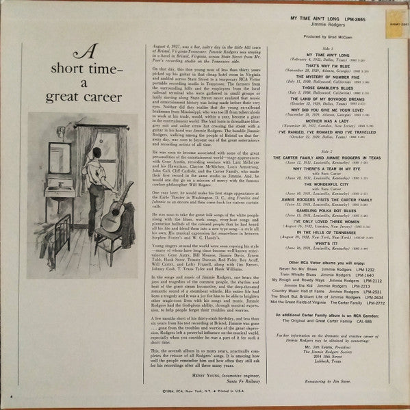Jimmie Rodgers : My Time Ain't Long (LP,Album,Reissue,Mono)