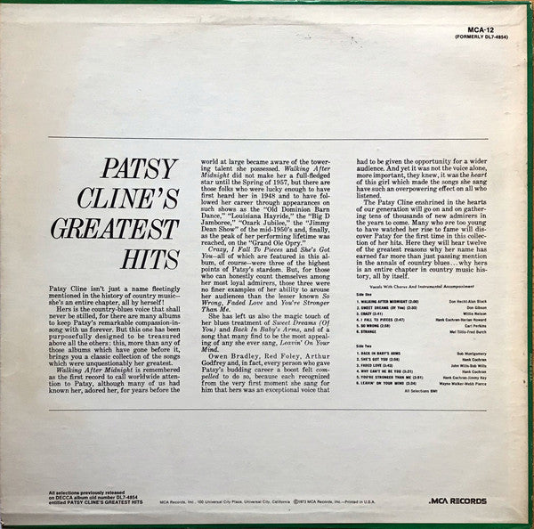 Patsy Cline : Patsy Cline's Greatest Hits (LP,Compilation,Reissue)