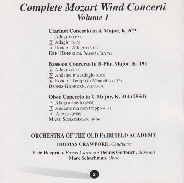 Wolfgang Amadeus Mozart performed by Orchestra Of The Old Fairfield Academy : Mozart Complete Wind Concerti Volume 1 (Album,Stereo)