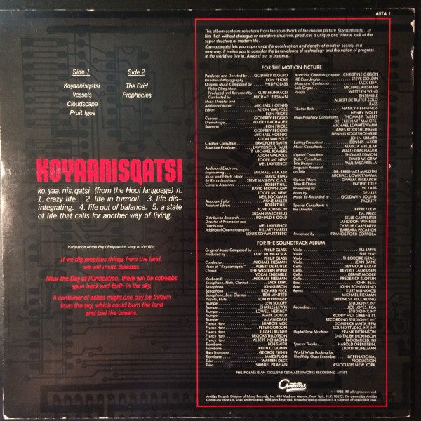 Philip Glass : Koyaanisqatsi (Life Out Of Balance) (Original Soundtrack Album From The Motion Picture) (LP,Album,Stereo)