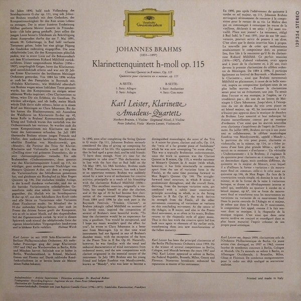 Johannes Brahms / Amadeus-Quartett ‧ Karl Leister : Klarinettenquintett H-Moll In B-minor • En Si Mineur (LP,Stereo)
