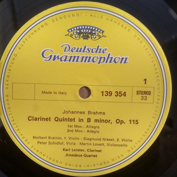 Johannes Brahms / Amadeus-Quartett ‧ Karl Leister : Klarinettenquintett H-Moll In B-minor • En Si Mineur (LP,Stereo)