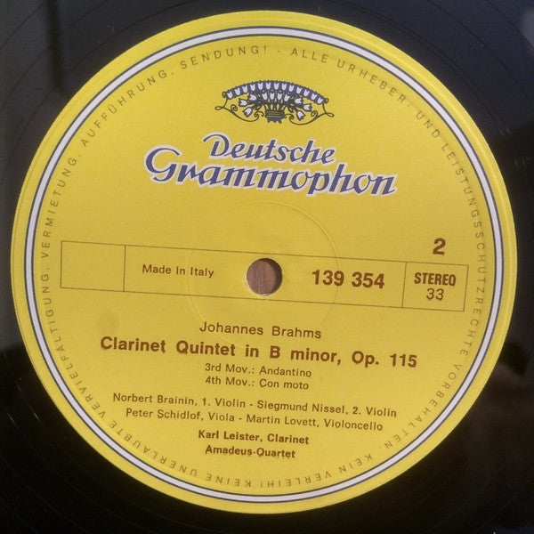 Johannes Brahms / Amadeus-Quartett ‧ Karl Leister : Klarinettenquintett H-Moll In B-minor • En Si Mineur (LP,Stereo)