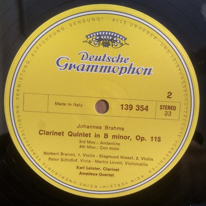 Johannes Brahms / Amadeus-Quartett ‧ Karl Leister : Klarinettenquintett H-Moll In B-minor • En Si Mineur (LP,Stereo)