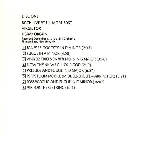 Virgil Fox : Bach Live At Fillmore East (Reissue,Remastered)