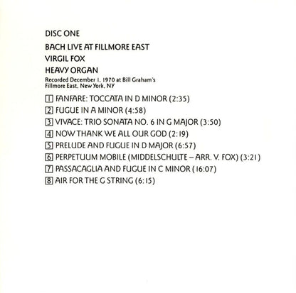 Virgil Fox : Bach Live At Fillmore East (Reissue,Remastered)