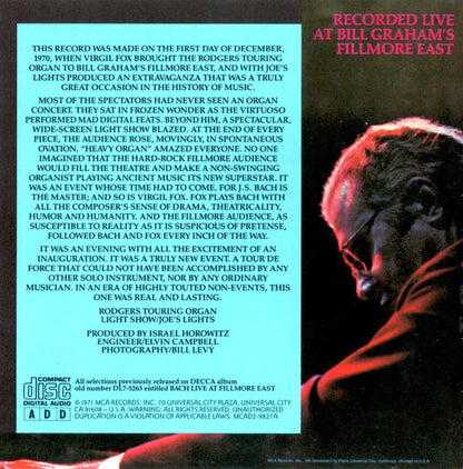 Virgil Fox : Bach Live At Fillmore East (Reissue,Remastered)