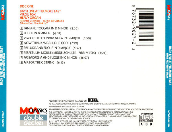 Virgil Fox : Bach Live At Fillmore East (Reissue,Remastered)