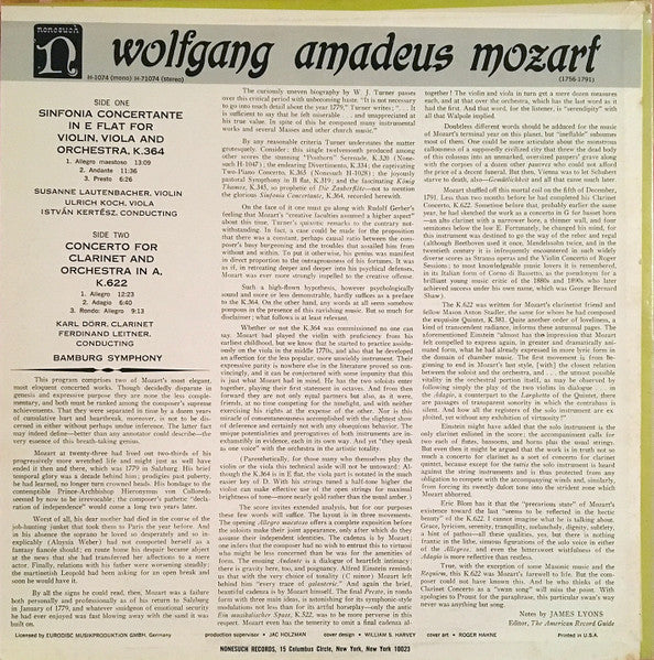 Wolfgang Amadeus Mozart, Bamberger Symphoniker : Concerto For Clarinet And Orchestra In A, K.622 / Sinfonia Concertante In E Flat For Violin, Viola And Orchestra, K.364 (LP,Repress,Stereo)