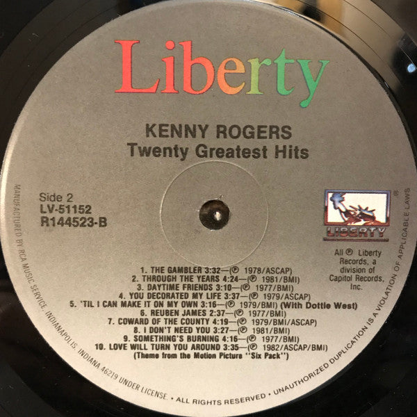 Kenny Rogers : Twenty Greatest Hits (LP,Compilation,Club Edition)