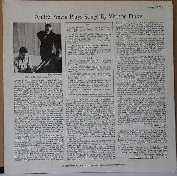 André Previn : André Previn Plays Songs By Vernon Duke (LP,Album,Reissue,Stereo)