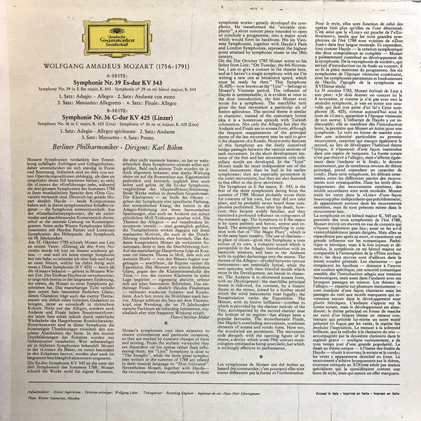 Wolfgang Amadeus Mozart • Karl Böhm, Berliner Philharmoniker : Symphonien Nr. 39 Es-Dur • Nr. 36 »Linzer« (LP,Album,Stereo)