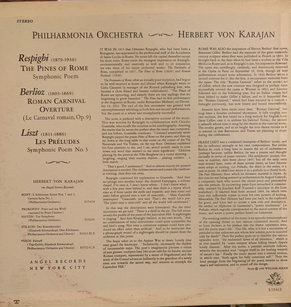 Franz Liszt, Ottorino Respighi, Hector Berlioz, Philharmonia Orchestra, Herbert von Karajan : Les Preludes - The Pines Of Rome - Roman Carnival Overture (LP,Reissue,Stereo)