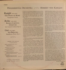 Franz Liszt, Ottorino Respighi, Hector Berlioz, Philharmonia Orchestra, Herbert von Karajan : Les Preludes - The Pines Of Rome - Roman Carnival Overture (LP,Reissue,Stereo)