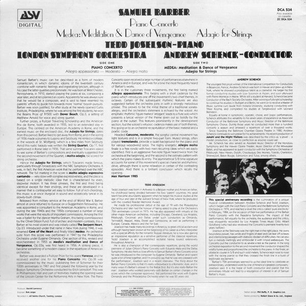 Samuel Barber - Tedd Joselson, London Symphony Orchestra, The, Andrew Schenck : Piano Concerto / Medea: Meditation & Dance Of Vengeance / Adagio For Strings (LP)