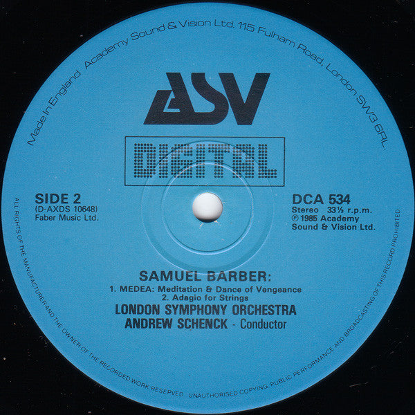 Samuel Barber - Tedd Joselson, London Symphony Orchestra, The, Andrew Schenck : Piano Concerto / Medea: Meditation & Dance Of Vengeance / Adagio For Strings (LP)