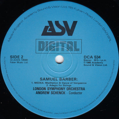 Samuel Barber - Tedd Joselson, London Symphony Orchestra, The, Andrew Schenck : Piano Concerto / Medea: Meditation & Dance Of Vengeance / Adagio For Strings (LP)