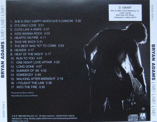 Bryan Adams : Live! Live! Live! (Album,Club Edition)