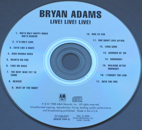 Bryan Adams : Live! Live! Live! (Album,Club Edition)