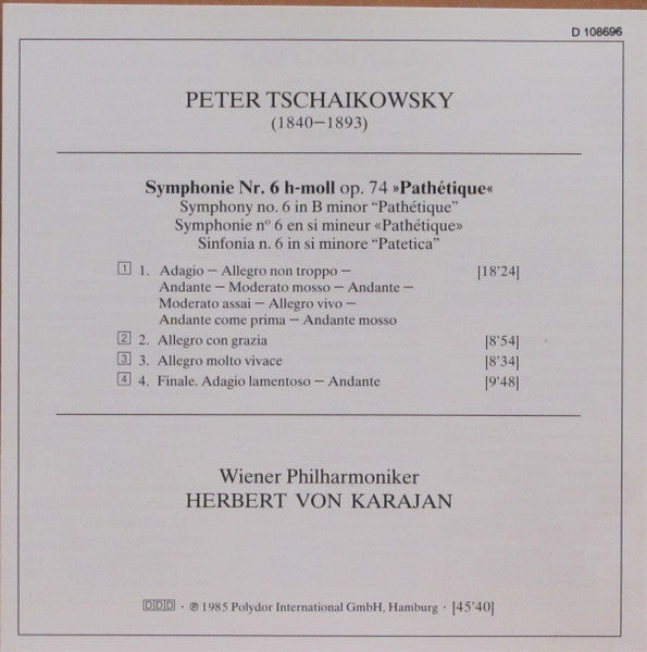 Pyotr Ilyich Tchaikovsky, Wiener Philharmoniker • Herbert von Karajan : Symphonie No. 6 »Pathetique« (Album,Club Edition,Reissue)