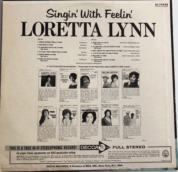 Loretta Lynn : Singin' With Feelin' (LP,Album,Stereo)