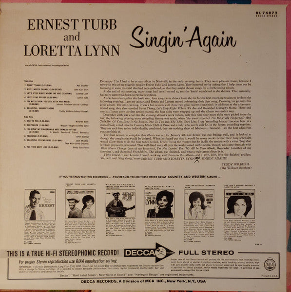 Ernest Tubb And Loretta Lynn : Singin' Again (LP,Album,Stereo)