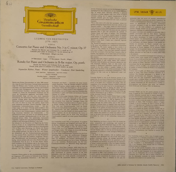 Sviatoslav Richter - Ludwig van Beethoven, Wiener Symphoniker, Kurt Sanderling : Klavierkonzert Nr.3 C-Moll / Konzertrondo B-Dur = Piano Concerto No. 3 C minor / Rondo B-flat major (LP,Mono)