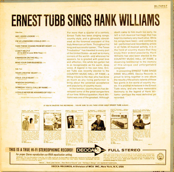 Ernest Tubb : Ernest Tubb Sings Hank Williams (LP,Album)